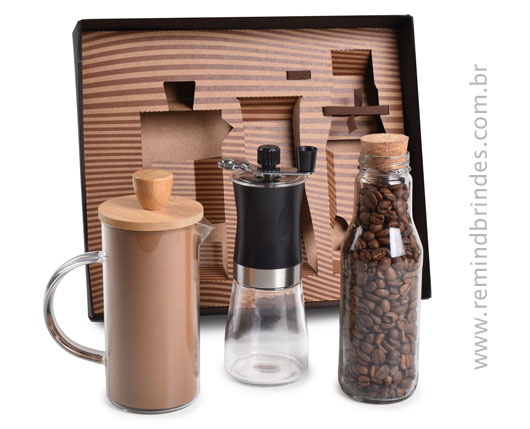 Kit Café Gourmet 3 Peças com Prensa Francesa, Moedor Manual e Café em Grãos