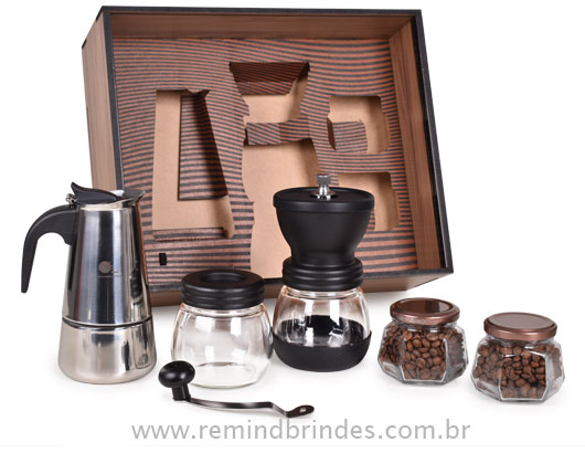 Kit Café Moka Pro 4 Peças com Cafeteira Italiana, Moedor e Café em Grãos