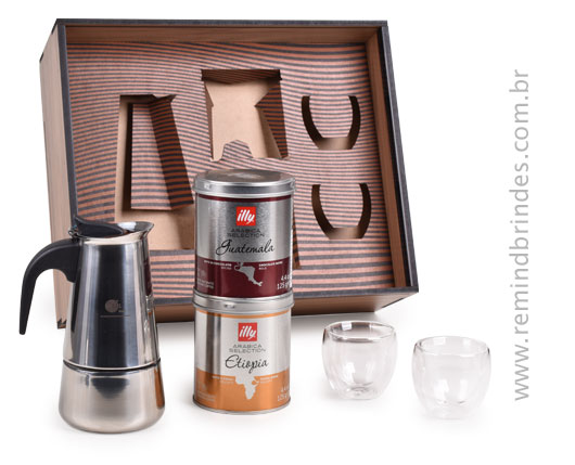 Kit Café Barista com Cafeteira Inox, 2 Latas de Café Illy e 2 Copos