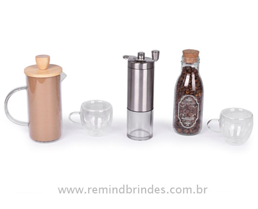 Kit Café Gourmet 4 Peças com Prensa Francesa, Xícaras, Moedor Manual e café em grãos