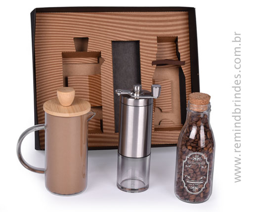 Kit Café Gourmet 3 Peças com Prensa Francesa, Moedor Manual e café em grãos