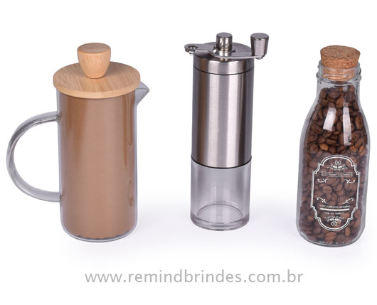 Kit Café Gourmet 3 Peças com Prensa Francesa, Moedor Manual e café em grãos
