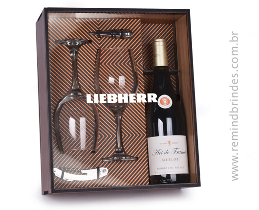 Kit Bebida - Vinho Francês Art de France Merlot com 1 Saca-Rolhas, 1 Tampa e 2 Taças Premium em Caixa de Madeira