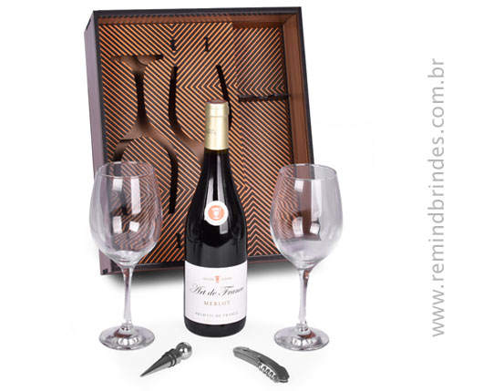 Kit Bebida - Vinho Francês Art de France Merlot com 1 Saca-Rolhas, 1 Tampa e 2 Taças Premium em Caixa de Madeira