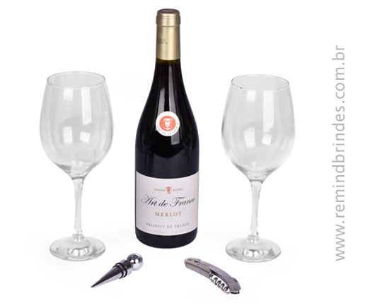 Kit Bebida - Vinho Francês Art de France Merlot com 1 Saca-Rolhas, 1 Tampa e 2 Taças Premium em Caixa de Madeira