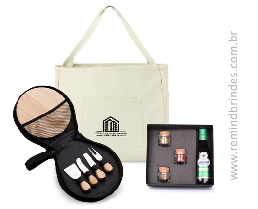 Kit Queijo e Gourmet Executive com Sacola, Tábua, Espátulas, Azeite e Temperos Personalizado