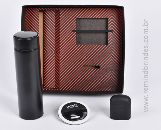 Kit Onboarding Executive 3 Peças com Garrafa Térmica Digital, Fone Bluetooth e Ring Light