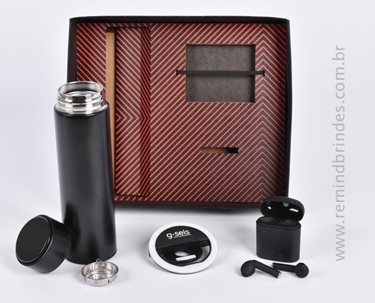 Kit Onboarding Executive 3 Peças com Garrafa Térmica Digital, Fone Bluetooth e Ring Light