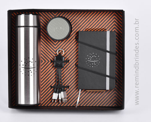 Kit Onboarding Executive 5 Peças com Garrafa Térmica Digital, Caderneta e Caixa de Som