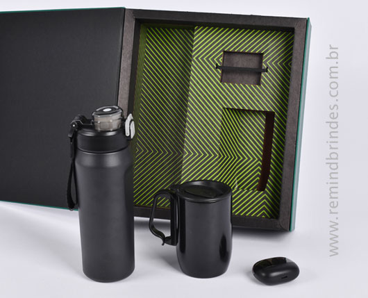 Kit Onboarding Executive 3 Peças com Garrafa Térmica, Caneca Inox e Fone Bluetooth