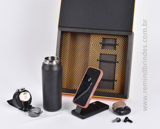 Kit Onboarding Executive 3 Peças com Garrafa Térmica, Power Bank Indução e Fone Bluetooth