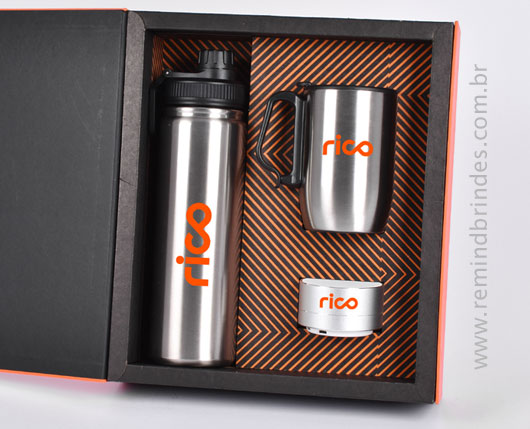 Kit Onboarding Executive 3 Peças com Garrafa Térmica, Caneca Inox e Caixa de Som