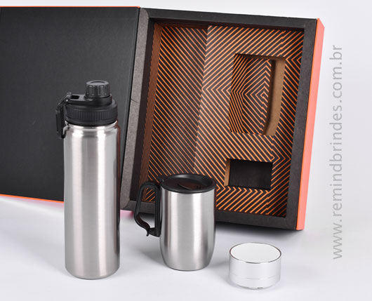 Kit Onboarding Executive 3 Peças com Garrafa Térmica, Caneca Inox e Caixa de Som