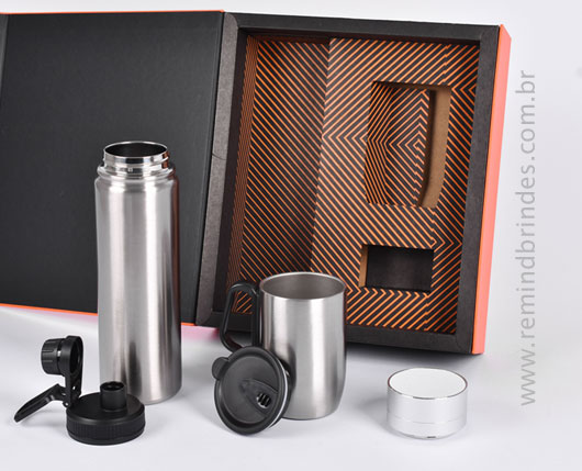 Kit Onboarding Executive 3 Peças com Garrafa Térmica, Caneca Inox e Caixa de Som